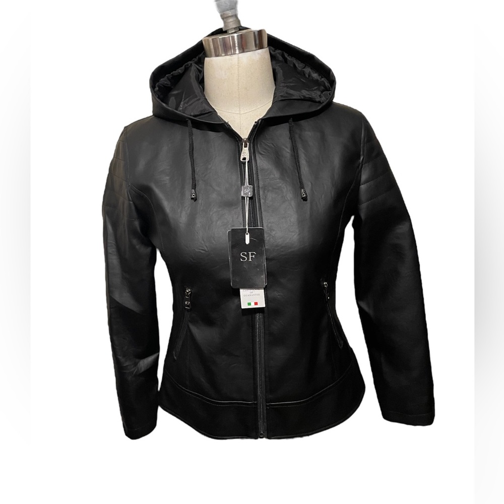 Superlative Fashion Hooded Black Faux Leather Jacket Size Small New With Tags